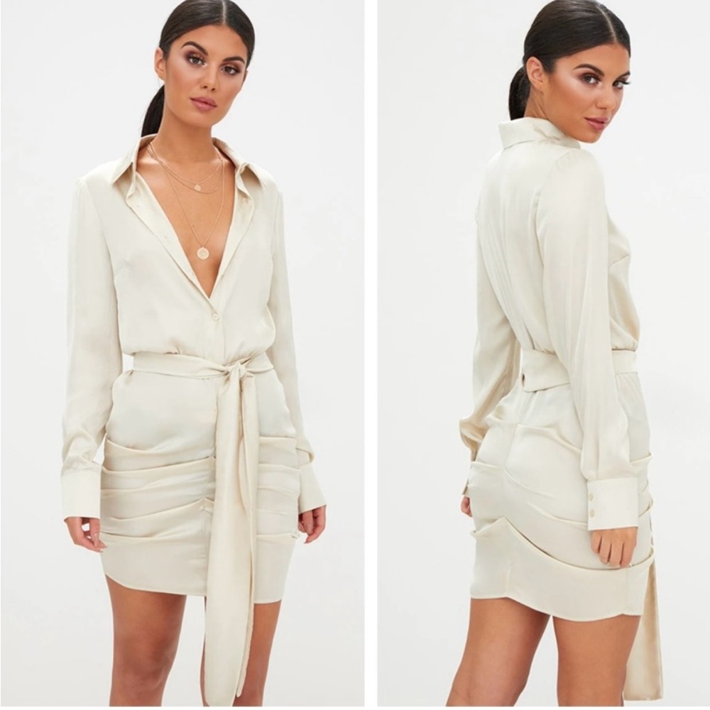 Champagne Satin Ruched Shirt Dress- NEW! New with tags